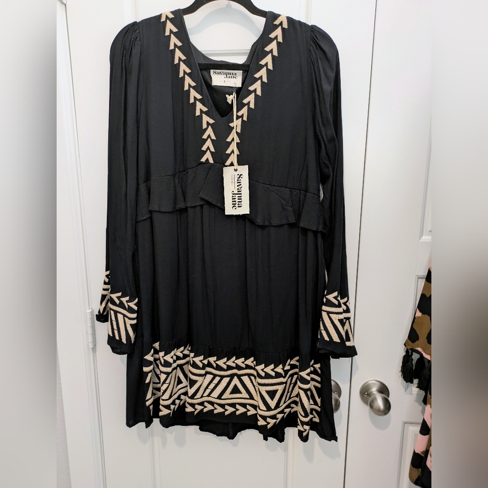 NWT Savanna Jane Black & Beige Embroidered Dress Size S